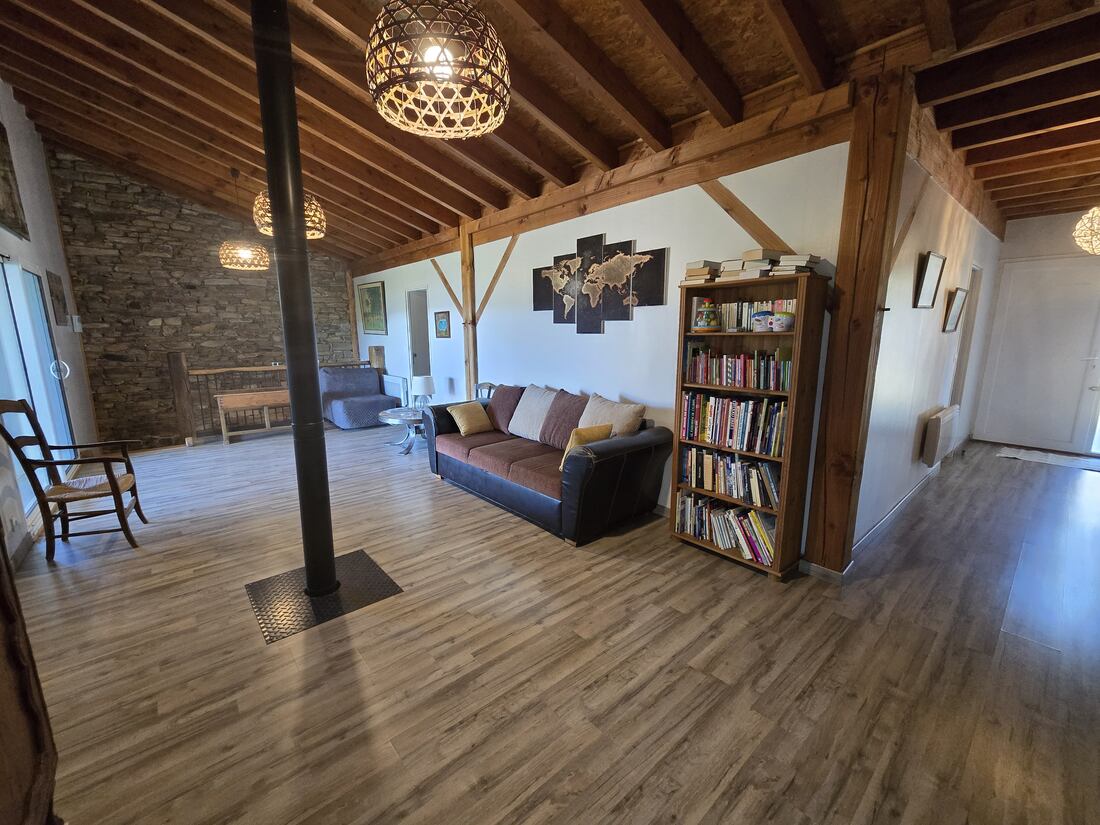 El hall con sofá cama, estantería y estufa de leña