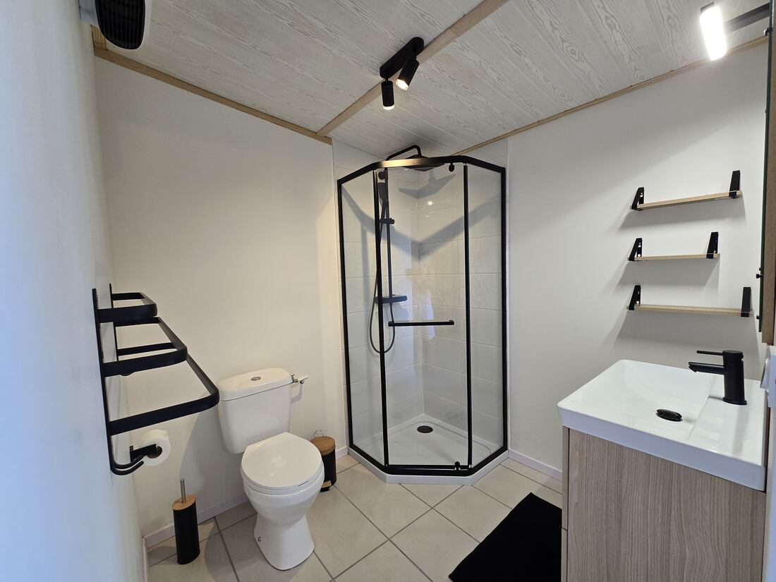 Salle d'eau de la chambre 6 avec douche d'angle, WC, vasque et étagères
