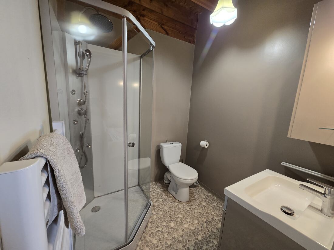 Baño privado con cabina de ducha, inodoro y lavabo
